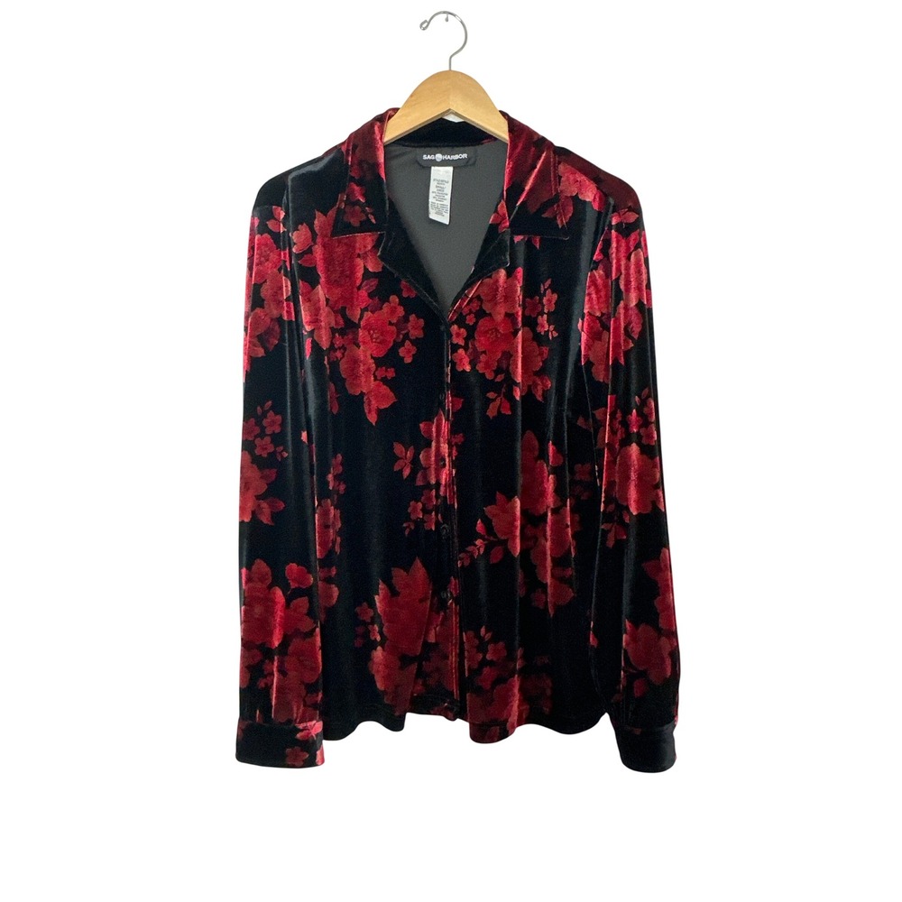 Vintage Sag Harbor Button Up Velvet Shirt Small Red Black Gothic Vamp Floral